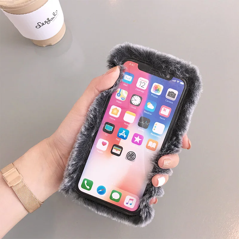 Зимний теплый плюшевый мягкий чехол из ТПУ с милым мехом животного для iPhone 8 Plus X XR