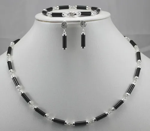 

Free Shipping Black Agates 925 Sterling Silver Earring Bracelet Necklace Set