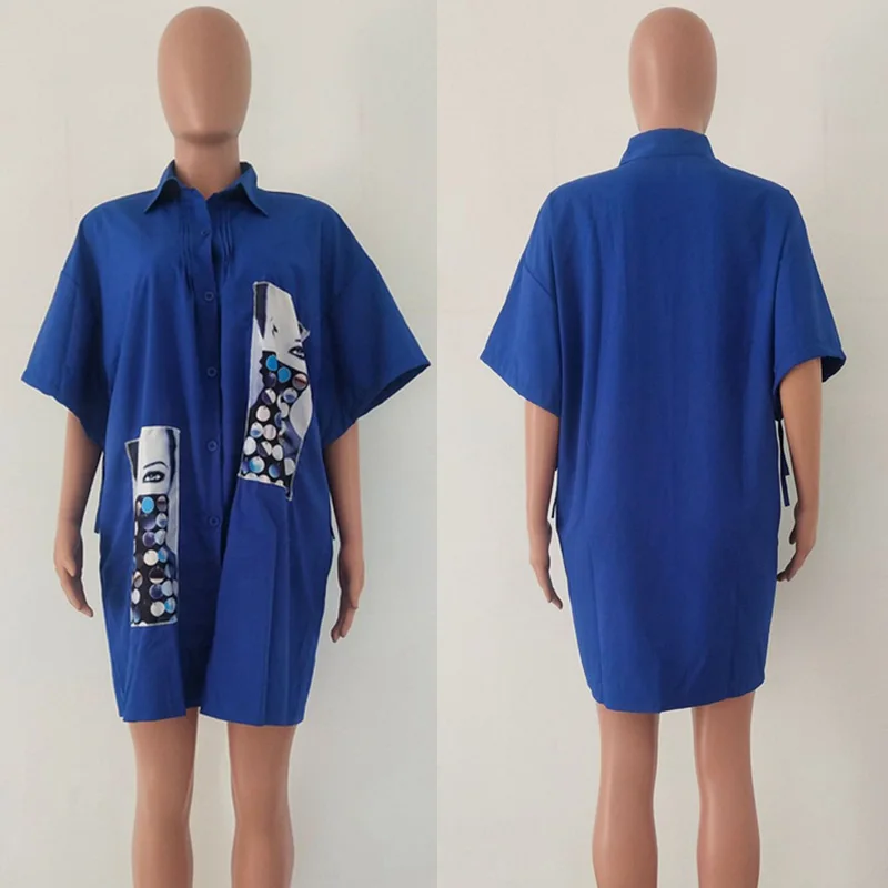 

Loose White Shirt Dress Women Casual Streetwear Dress Autumn Half Sleeve Print Character Turn Down Collar Button Shirt Dress