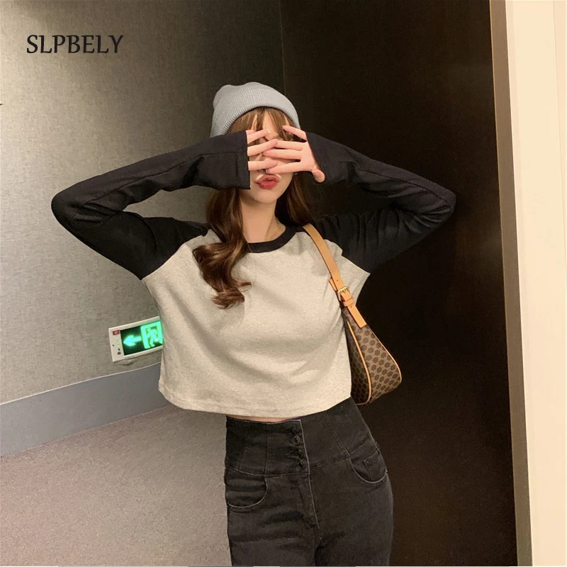

SLPBELY Women Long Sleeved Patchwork 2021Spring Autumn Sexy Round Neck Short Style Korean T-shirt Female Tee Shirt Pullovers