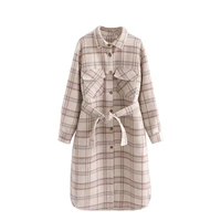 autumn winter plaid long wool overcoat with belt women long sleeves pocket thick elegant coat ladies fashion outwear tops