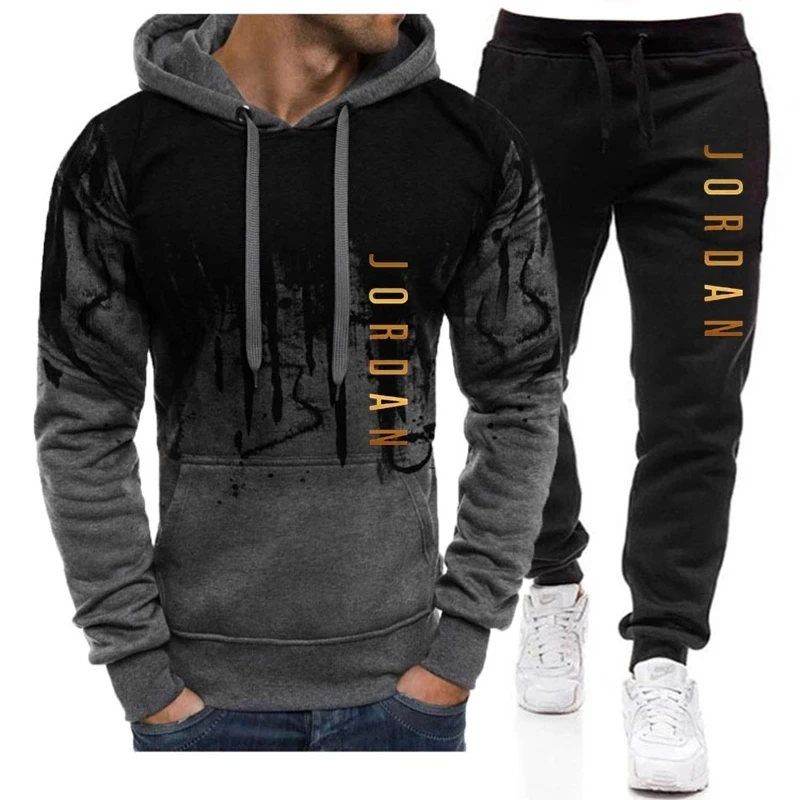 

Men's 2 Piece Hooded Sports Jumpsuit Letter Print Casual Brand Sewing Hooded Jacket Sports Pants Spring and Fall