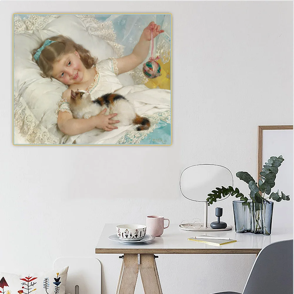 

Holover Canvas Oil Painting Emile Munier"Girl playing with kitten"Academicism Classicism Aesthetic Wall Art Home Room Decoration