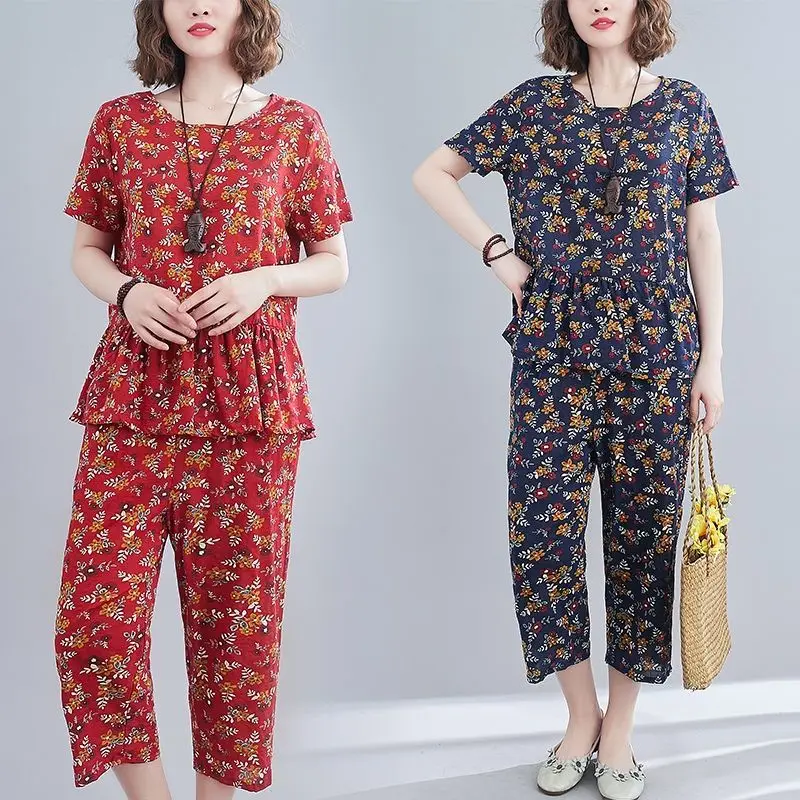

2021 Women Spring Summer Print Middle-aged Suit Female O-neck Short-sleeve Tops + Wide Leg Pant 2 Pcs Set Lady Elegant Sets E859