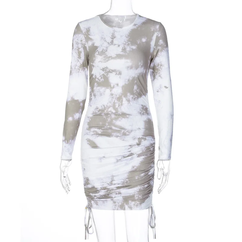 

BacklakeGirls Drawstring Tie Dye Print Long Sleeve Vintage Mini Dress Women Round Neck Pleated Elegant Party Dresses Vestido