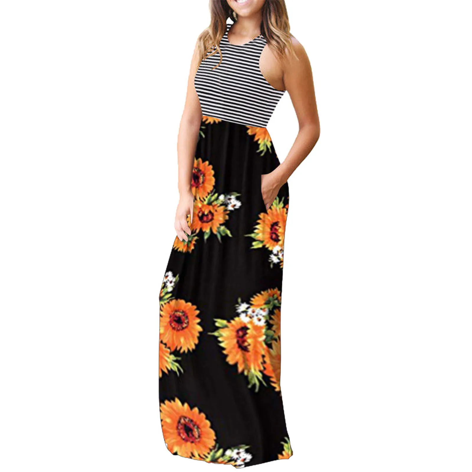 

40# Women Floral Printed Sleeveless Long Dress Summer O-neck Pockets Maxi Dress Elegant Evening Party Dress Patchwork Robe Femme