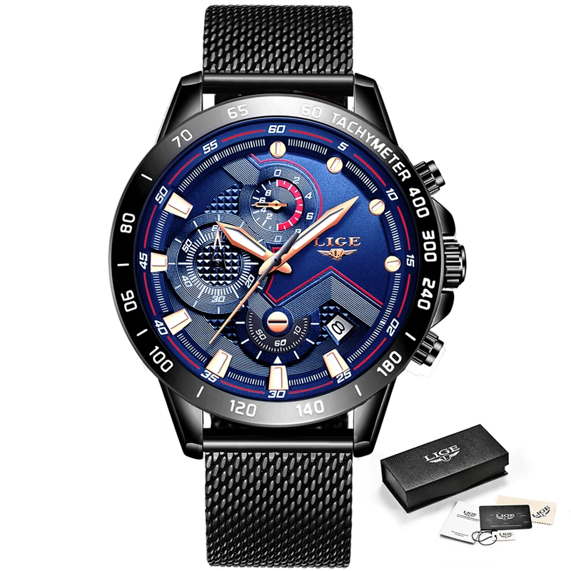 Часы наручные LIGE Мужские кварцевые брендовые Роскошные повседневные