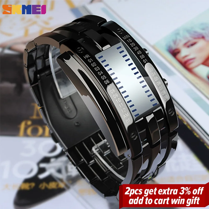 SKMEI Fashion Creative Sport Watch Men Stainless Steel Strap LED Display Watches 5Bar Waterproof Digital Watch Reloj Hombre 0926 image 3
