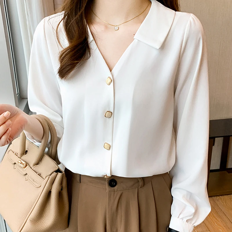 Осенняя блузка с длинным рукавом женская белая шифоновая отложным воротником