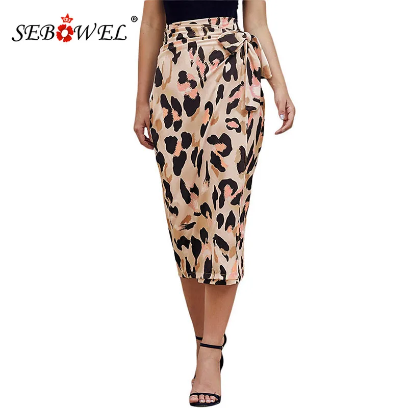 SEBOWEL 2019 Мода Высокая талия леопардовый принт атласная шарф миди юбка карандаш для