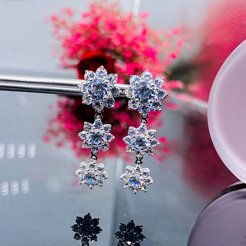 

Luxury Full Inlay Crystal Zircon Flower Drop Earrings Wedding Party Fashion Fine Jewelry Women's Unusual S925 Piercing Earrings