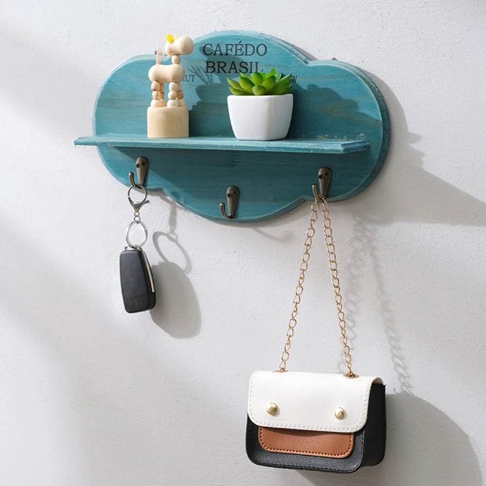 

Solid Wood Clothes Hooks Clouds Shape Storage Rack Hat Bag Wall Mount Display Shelf Home Organizer Supplies