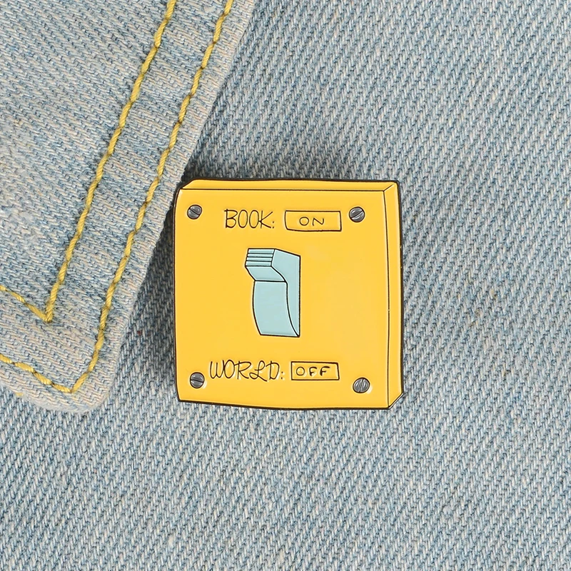 

QIHE JEWELRY Yellow Square Pin Book ON World OFF Enamel Pin Study Badge Denim Jeans Bags Jewelry Gift for Friends