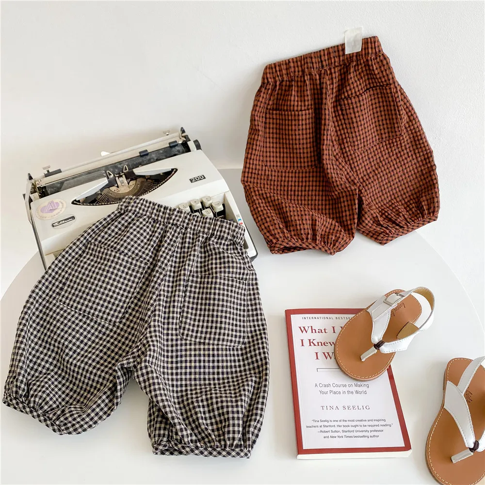

Infant Boys Girls Outfit Baby Clothes Set 2021 Summer Vintage Kids Short Sleeve Shirt+Plaid Pants Outfits Children Clothing Suit