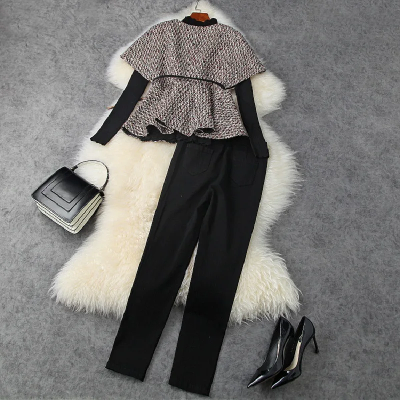 Top Quality Designer Clothing Sets 2020 Autumn Winter Suit Women Black Pullover Tops+Cape Caot Jacket+Skinny Leggings Pants Set