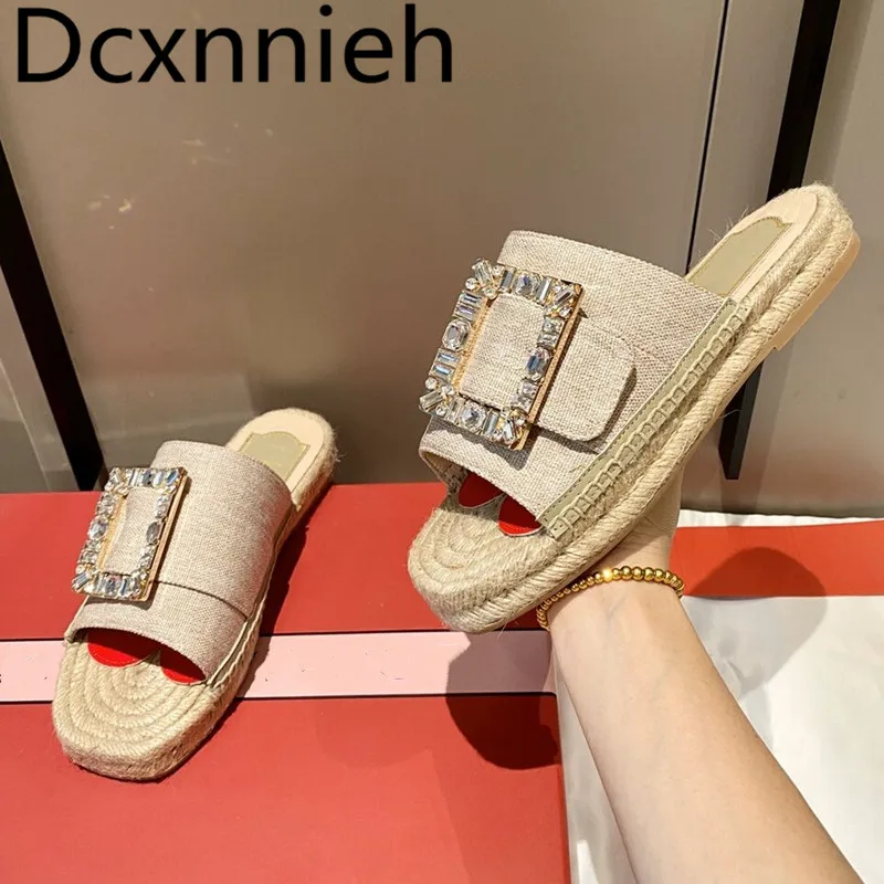 

slippers women wedge high heels hemp rope weave Summer thick bottom sandalias vacation rhinestone decor shoes Woman 2021