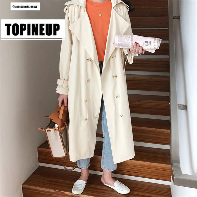 Женский двубортный тренчкот с поясом Классическая свободная Длинная ветровка
