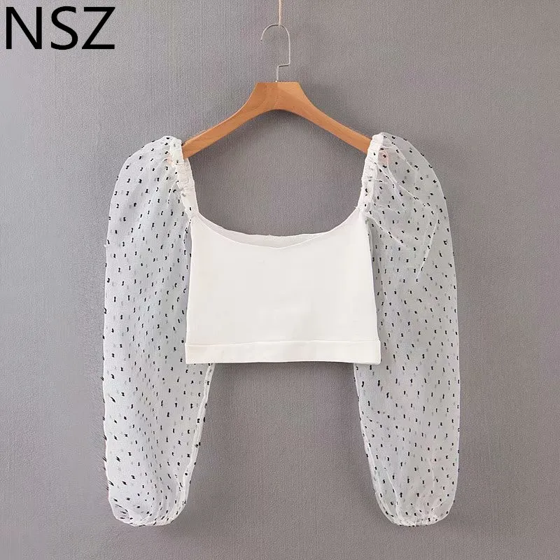 NSZ женский белый укороченный топ в горошек с прозрачными рукавами Блузка