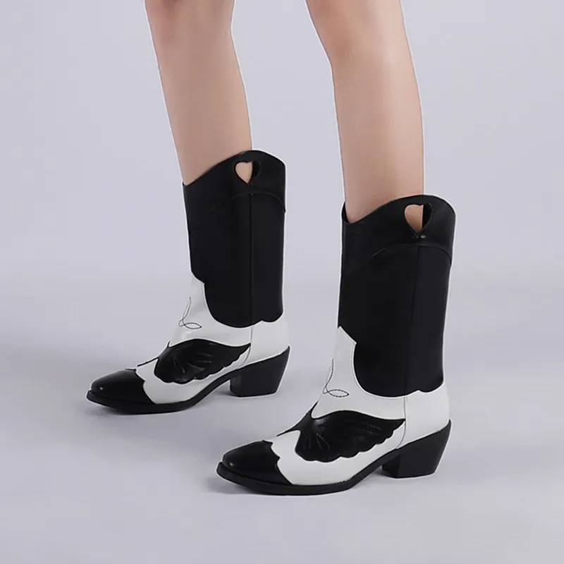 

NASBAVI 2020 Cowboy boots for women round toe mid heels boots Ladies Mid Calf western boots autumn fashion shoes women