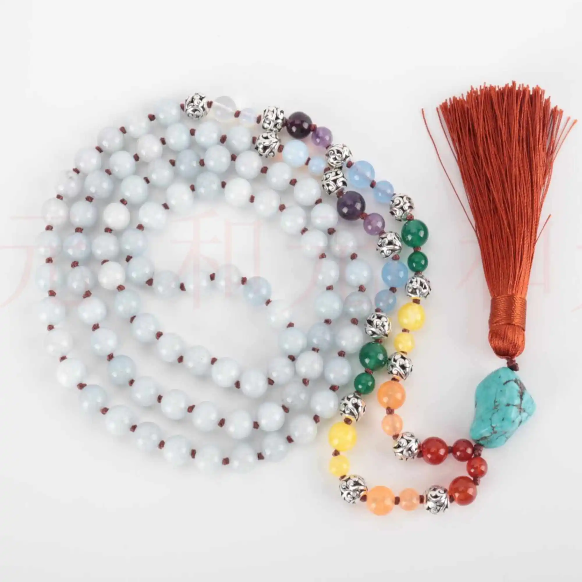 

8mm 108 Natural 7 chakras Aquamarine knot Tassel Necklace Lucky Pray spread Chain Yoga Mental Inspiration Bohemia Seven Chakras