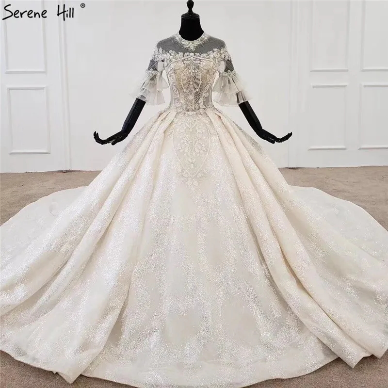 Бежевые сексуальные свадебные платья с О-образным вырезом и рукавом до локтя 2021