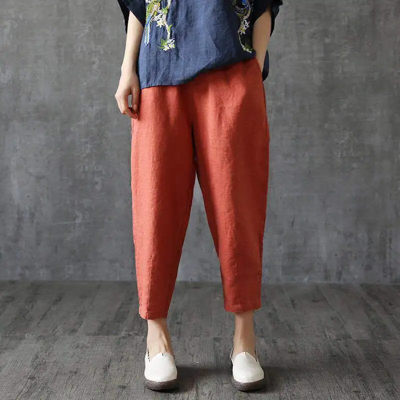 Chinese Style Cotton Pants Summer Ankle-length Women's Loose Casual Femal Trousers Harem Elastic Waist Solid | Женская одежда