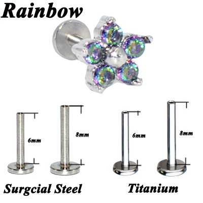 Rainbow 1 шт. G23 Титан и сталь опал губная серьга Бар кольцо кубический циркон цветок Хрящ уха пирсинг для козелка ушной раковины винт подходит топ 16 г - Окраска металла: Rainbow