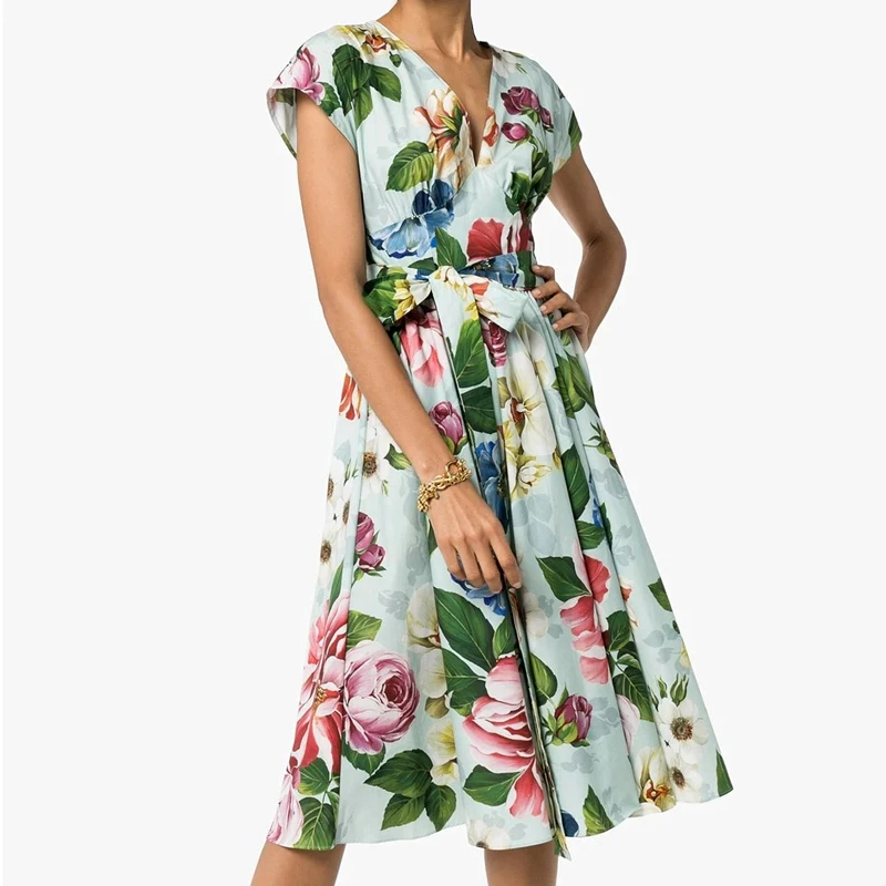 

Gedivoen Summer Fashion Runway Dress Women V Neck Floral Print Lace Up Slim A Line Dress Elegant Cotton Midi Female Dresses