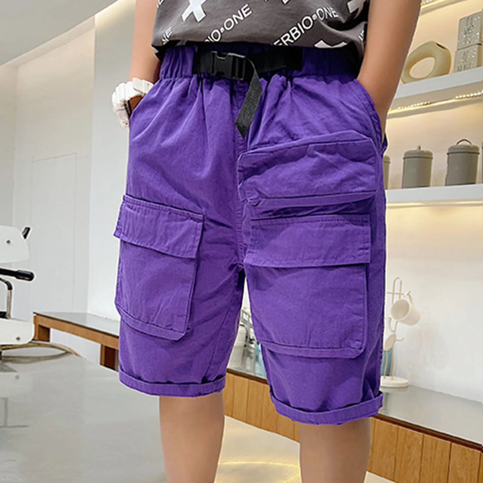 

Boys Shorts Summer Loose Pants Teenage Trouser Shorts Boy Casual Cargo Short Pants Children Elastic Waist Cotton Pants with Belt