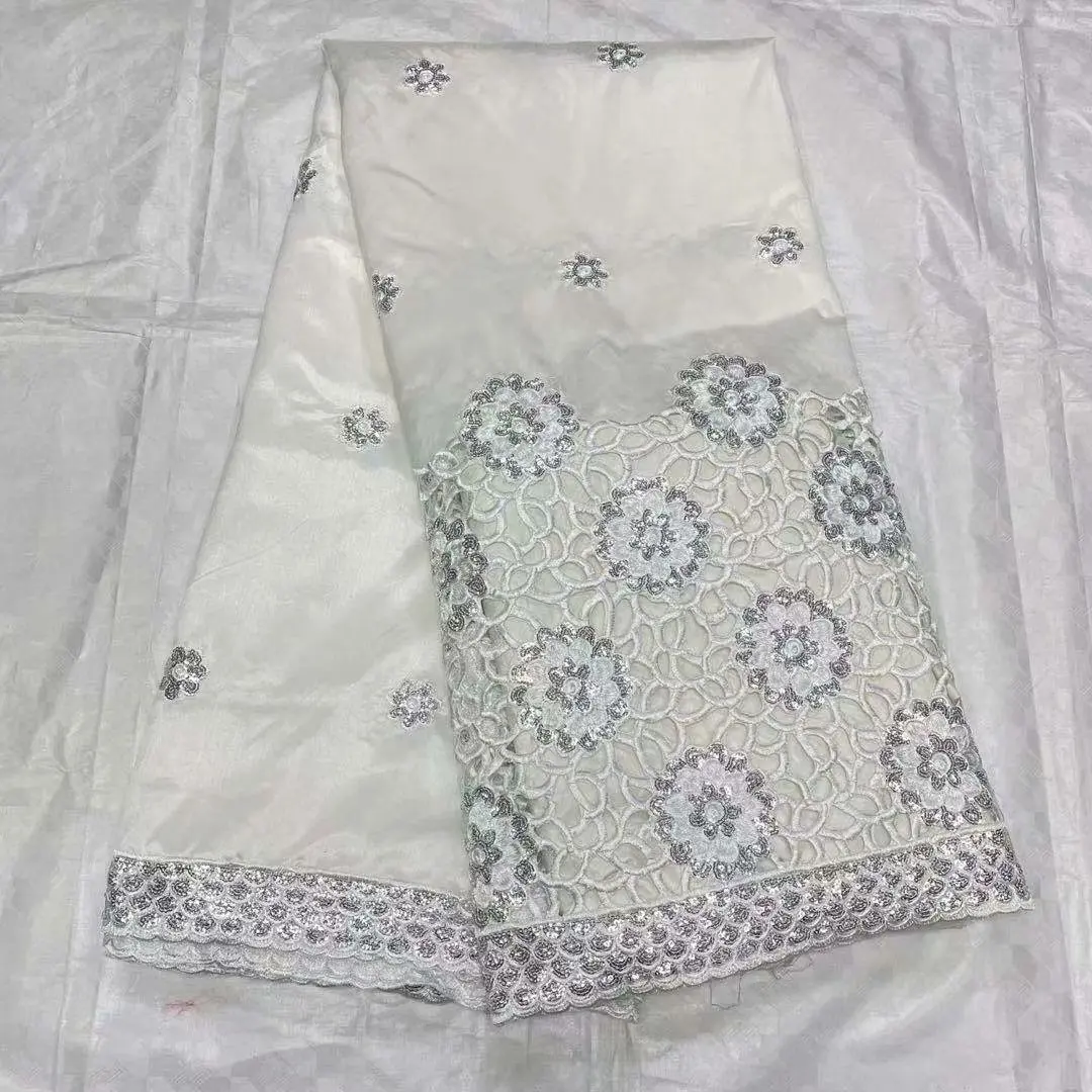 

White George Fabric Lace 5 Yards Different Kind Of Flowers Embroidery For African Clothing Making