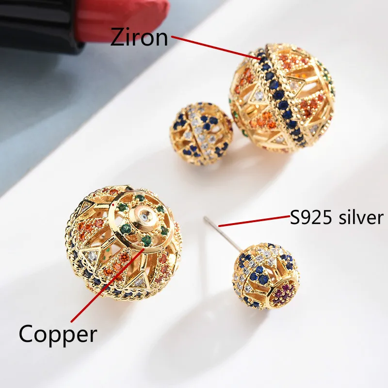 

2021 Round CZ Micro Pave Stud Earrings Double sided Paved Crystal Ball Earrings