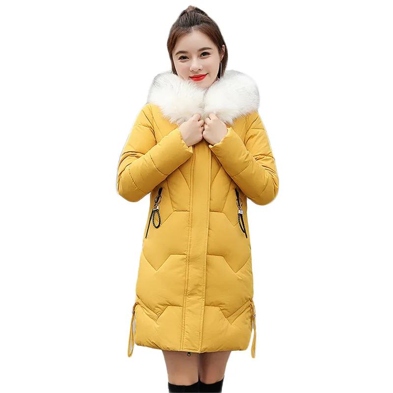 

Winter coat women yellow plus size big fur hooded parka 2020 autumn new fashion slim black red down cotton jacket feminina JD811
