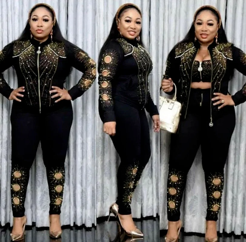 

3 Piece Set African Clothes for Women Tracksuit Dashiki Diamonds Blazer Bra Pants Suits Famous Bazin Jogging Vetement Femme 2021