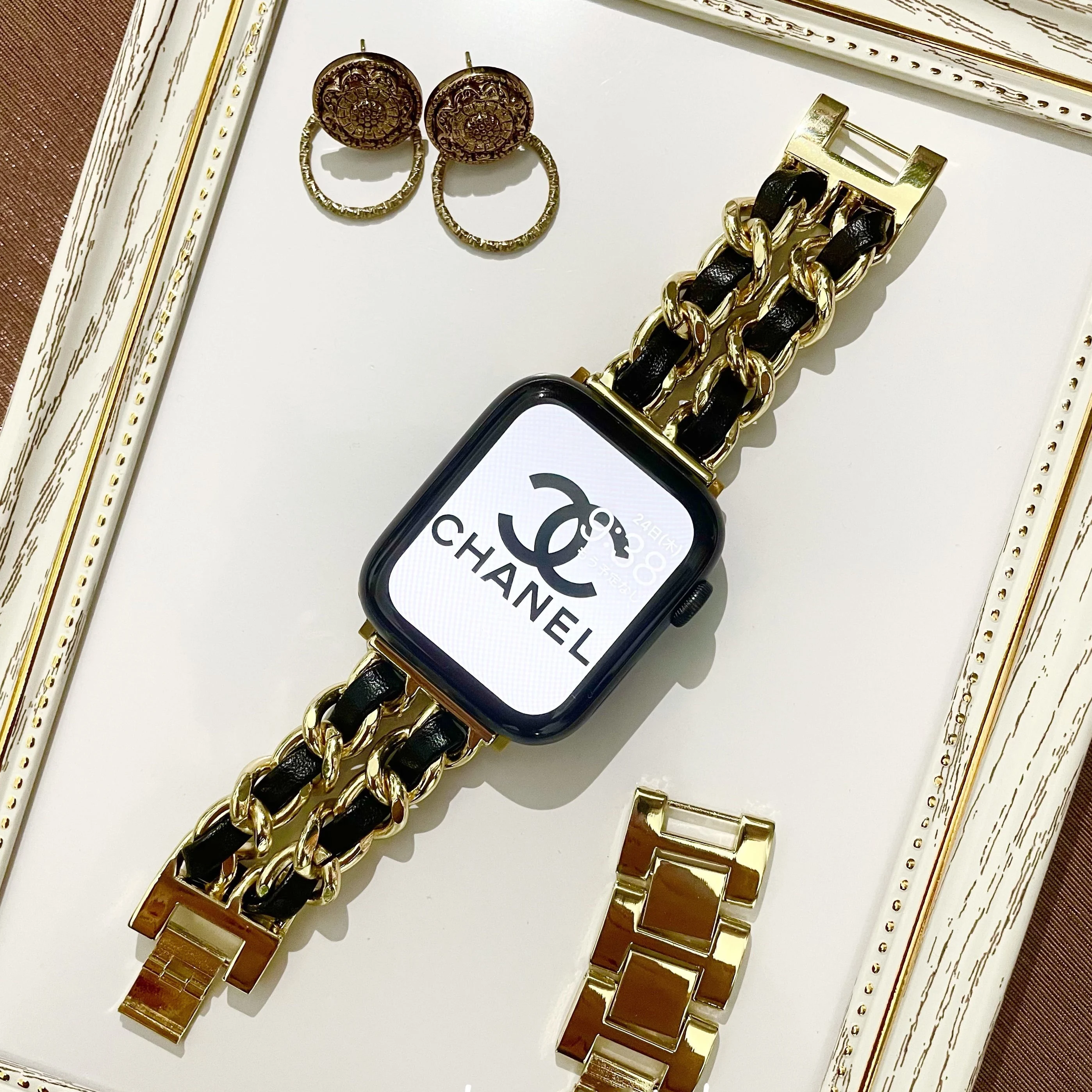 

For Apple Watch Series 7 41mm 45mm Chain Link Leather Bracelet 42mm 44mm 40mm 38mm Watchband SE 6 5 4