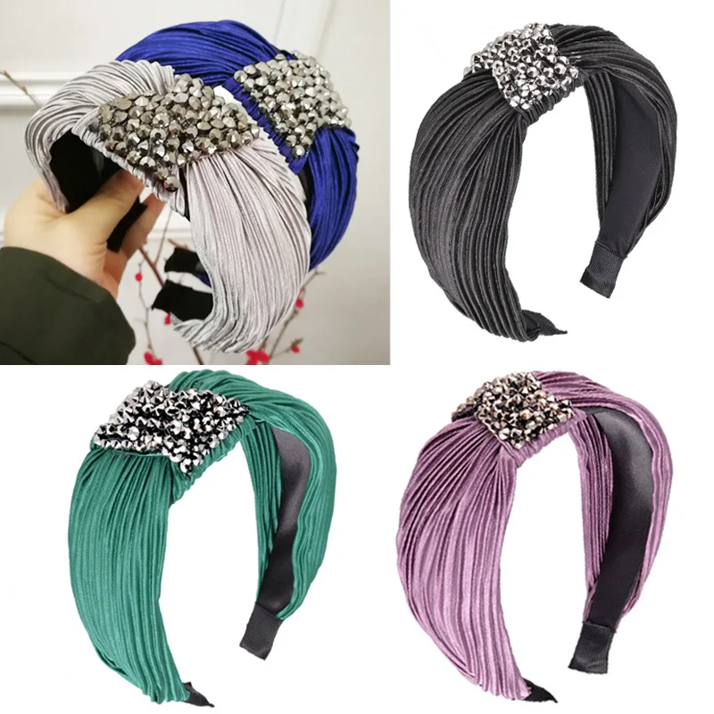 

New Fashion Rhinestone Hairband Women Solid Wide Side Headband Rhinestone Middle Knot Turban Girls Hair Accessories Headwear