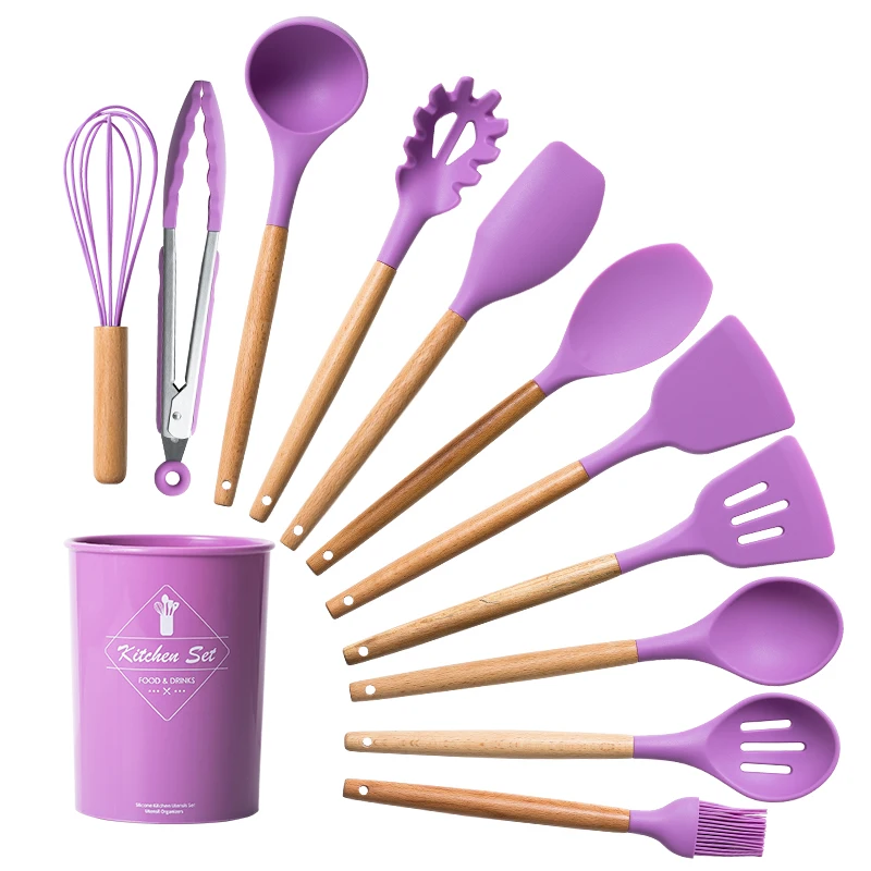 

10/11PCS Food Grade Silicone Cutlery Set non-stick Spatula Spatula Wooden Handle Cookware With Storage Box Kitchen Tools