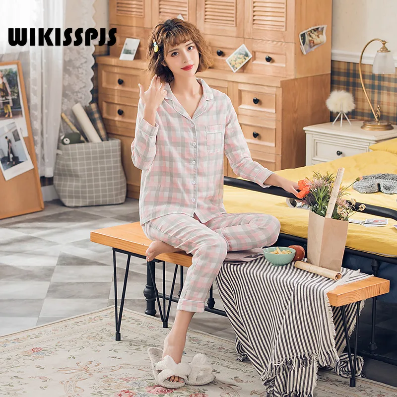 

Летняя Клетчатая Пижама WIKISSPJS, новинка, весна-осень, Женский двухслойный газовый домашний костюм, японский Свежий костюм из двух предметов, домашняя одежда