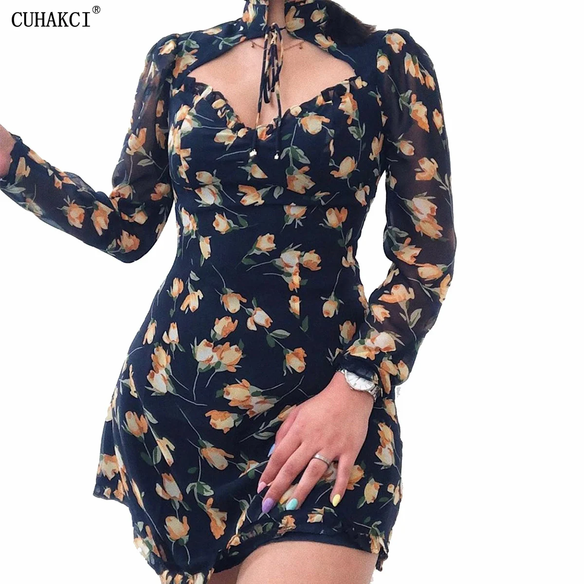 

CUHAKCI 2022 New Summer Floral Printed Long Sleeve Dresses Women High Waist Mini Vestidos Elegant Office Lady Party Clothes