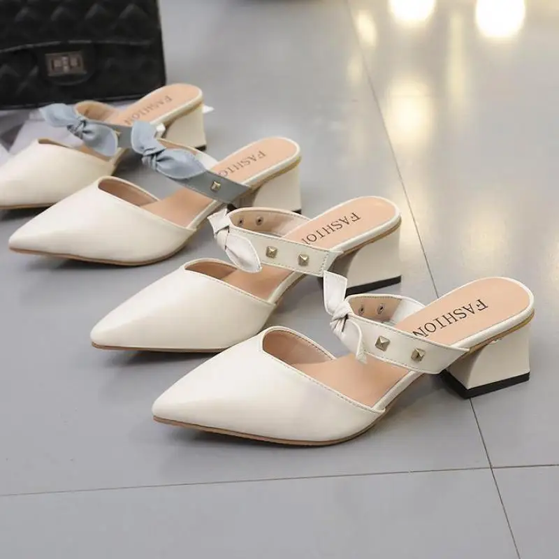 

Pointed Mid Heel Muller Women's Shoes Spring Summer New Fashion Wild Sweet Bow Ytmtloy House Slippers Zapatillas Mujer Casa