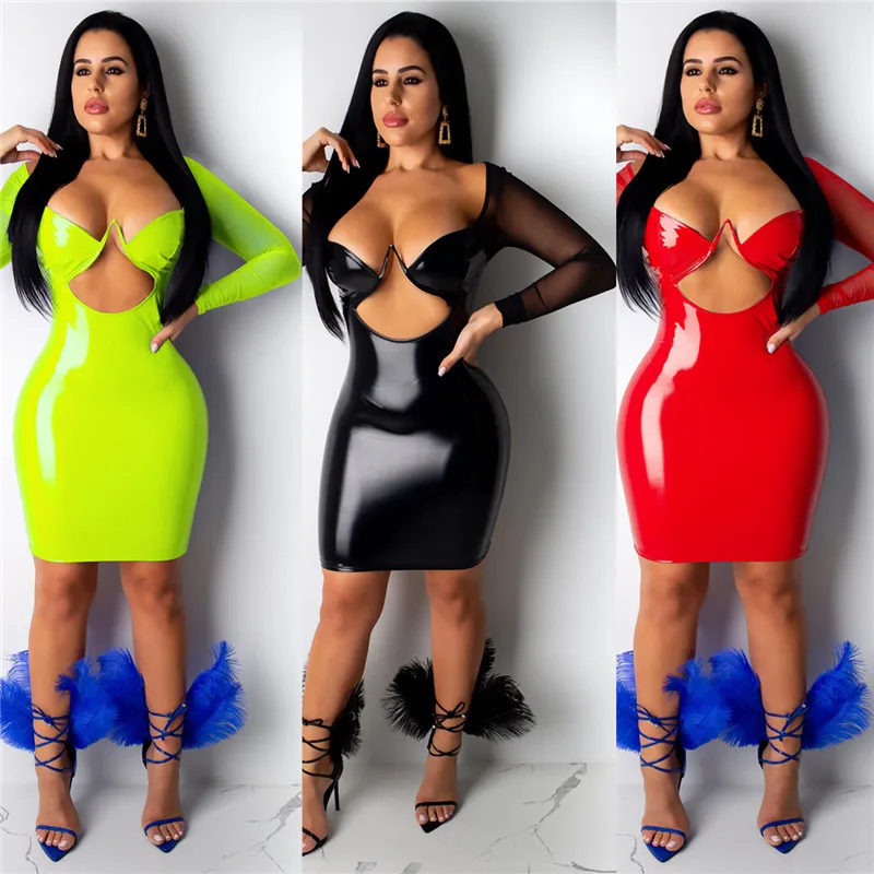 

Sexy Cut Out PU Leather Dress Women Elegant Patchwork Mesh Long Sleeve Bodyon Dress Female Night Club Tight Short Party Dress