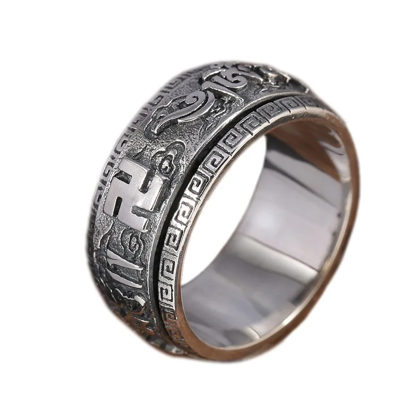 

BOCAI New 100% Sold s925 Silver Swastika Six-character mantra, turning a Good Fortune Man Ring Meaning Peace and Auspiciousness