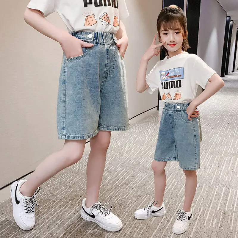 Джинсовые шорты для маленьких девочек модные синие потертые Широкие штаны из