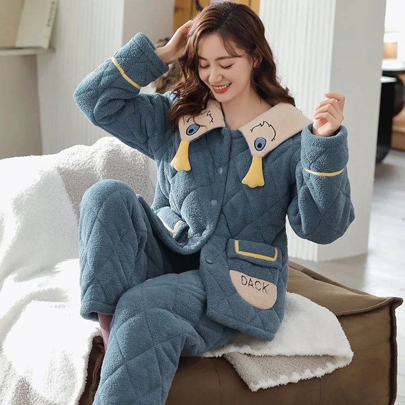 

Winter New Women Three Layers Of Cotton Pajamas Suit Cute Hooded Two Piece Set Homewear Lady Loose Casual Cartoon Sleepwear