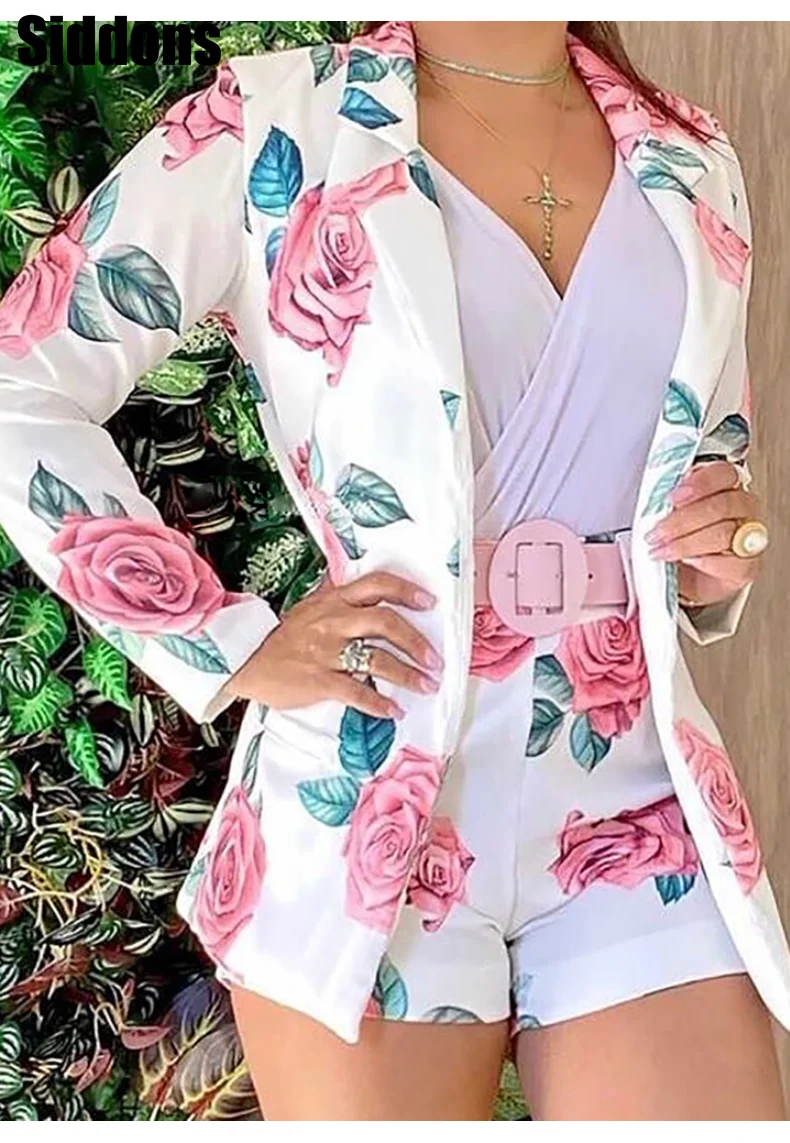 

Women 2 Pieces Sets Floral Print Sexy Suit Casual Long Sleeve Blazer Coat & Shorts Set