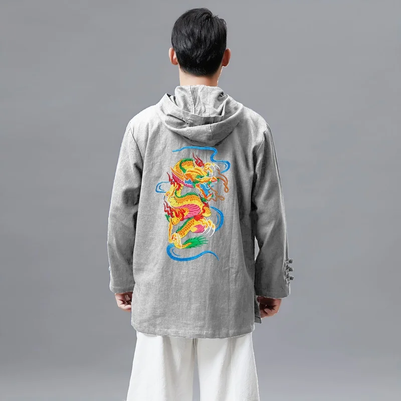 Мужское длинное кимоно с вышивкой дракона черное хлопковое Свободное пальто