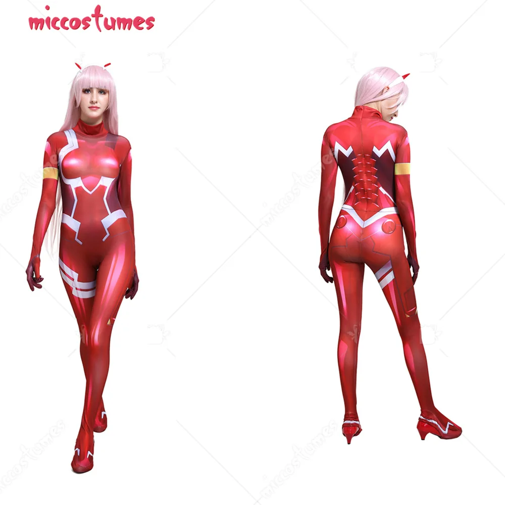 Купи Women's 3D Printed Zero Two Code 002 Jumpsuit Zentai Cosplay Costume with Hair Accessory за 1,799 рублей в магазине AliExpress