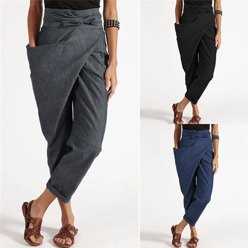 

Брюки-султанки Женские повседневные, свободные однотонные брюки с завышенной талией, на шнуровке, с одним боковым карманом, удобные штаны