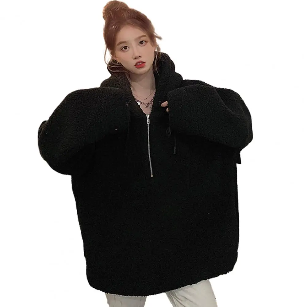 Women Winter Long Sleeve Half Zipper Faux Fleece Warm Oversize Hoodie Sweatshirt