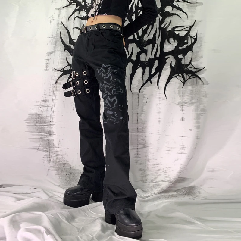 

Gothic Grunge Black Jeans Harajuku Vintage Bandage Cargo Pants E-girl Punk Buckle Straight Long Trousers Women Y2K Streetwear