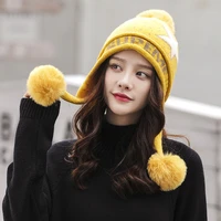 ladies knitted hat fashion plus velvet thick warm woolen cap outdoor leisure cycling hair ball ear caps cold proof hot sale2021